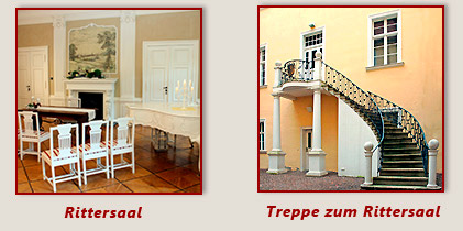 Rittersaal im Schloss Vetschau und Treppenaufgang Rittersaal im Schloss Vetschau und Treppenaufgang